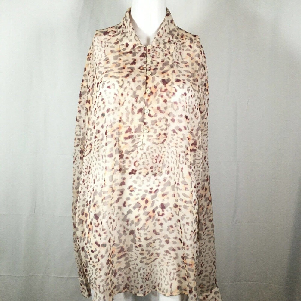 Asos Design Shirt Womens Sz L Beige Leopard Print Chiffon Sheer Tunic Top‎